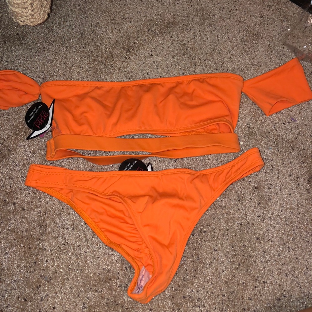 Neon tangerine, off shoulder scrunch butt bikini